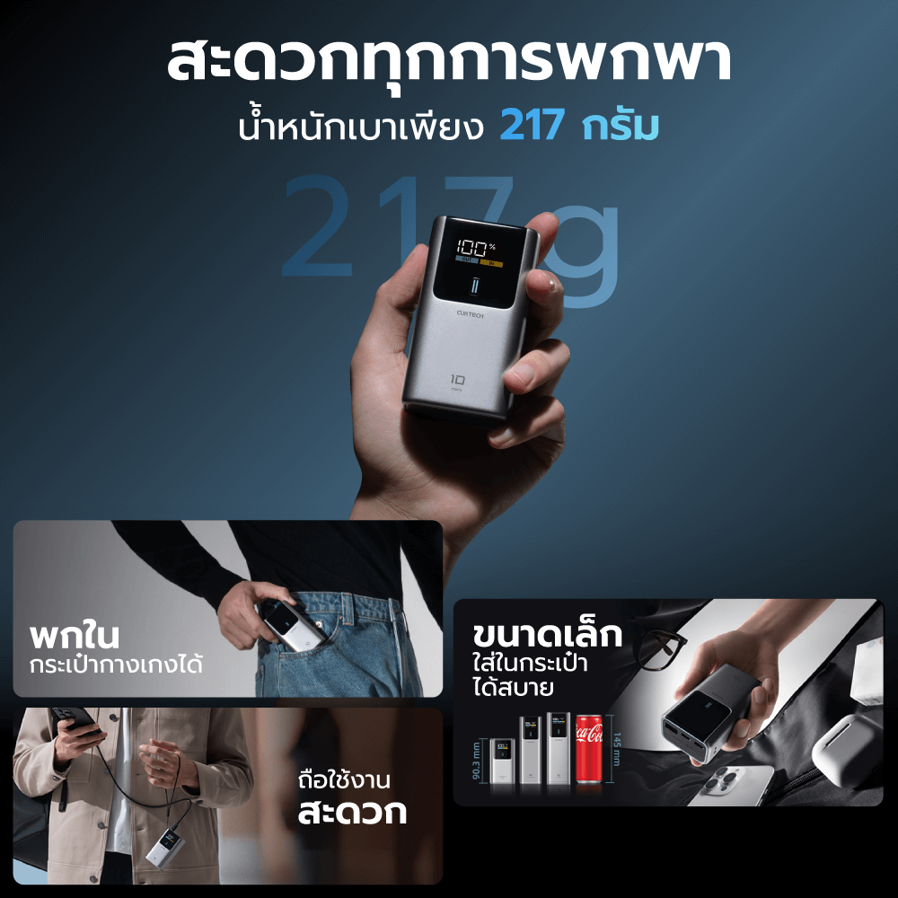 แบตเตอรี่สำรอง CUKTECH PB1055 10000MAH สีเทา พกพาง่ายมีสายคล้อง มาตรฐาน CCC จ่ายไฟรวมกันได้สูงถึง 55W_3